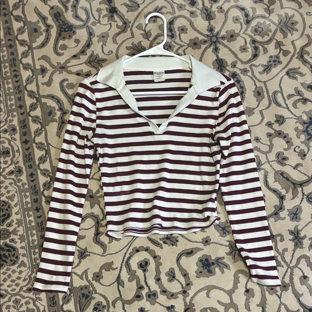 Striped Cropped Long-Sleeve Top in White and Burgundy